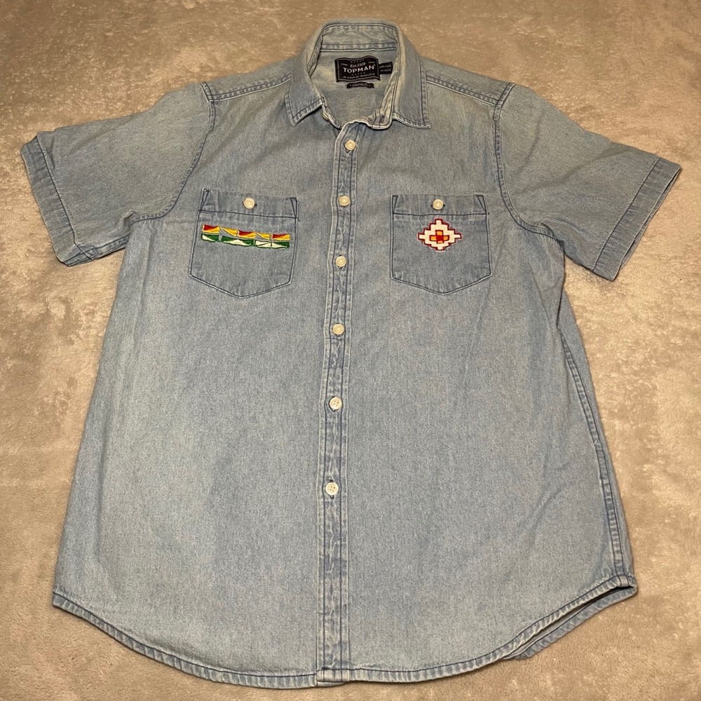 Topman Shirt Mens Medium Blue Denim Button Up Embroidered Classic Fit Western